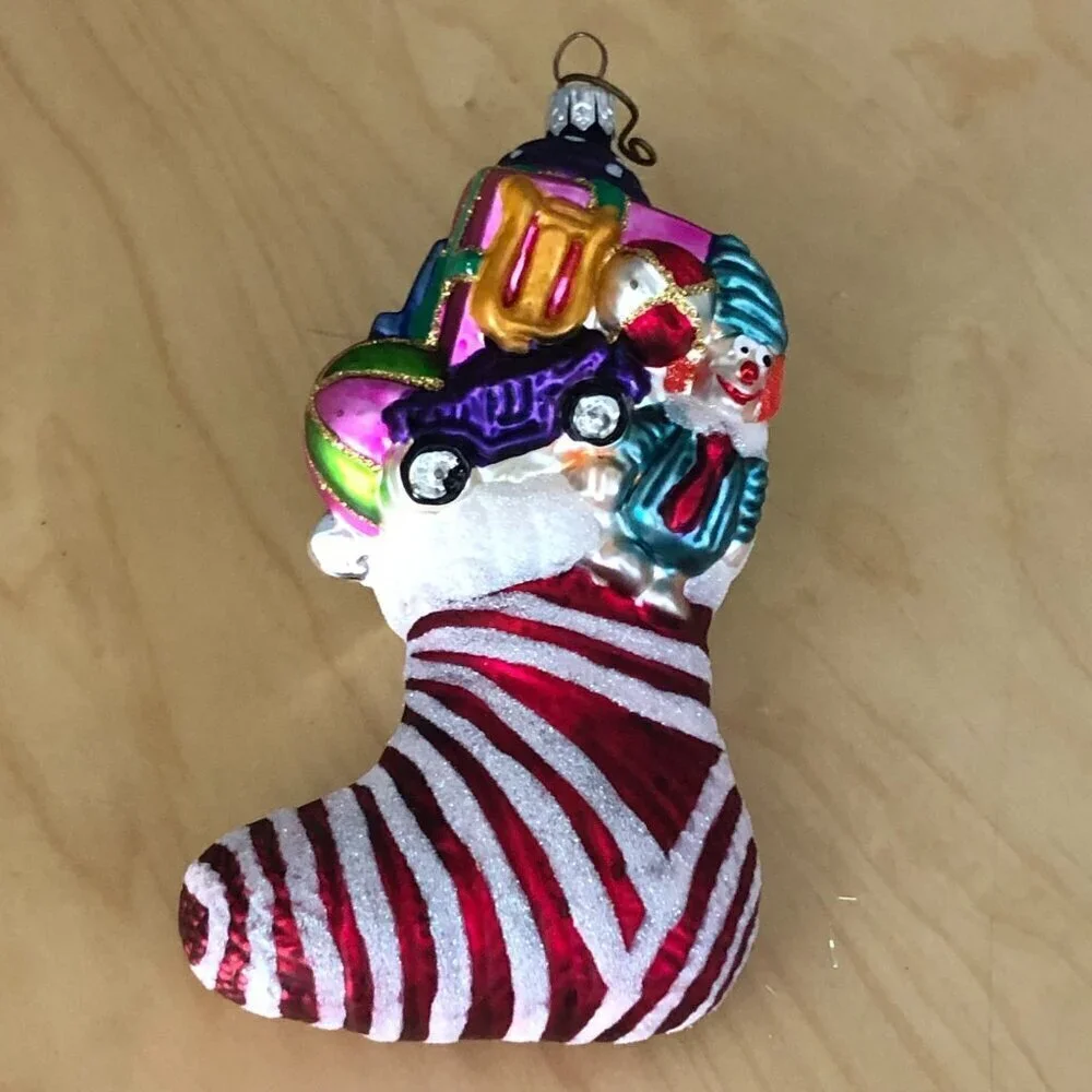 Vintage Christopher Radko Stocking with Presents Glass Ornament Plane Teddy Car